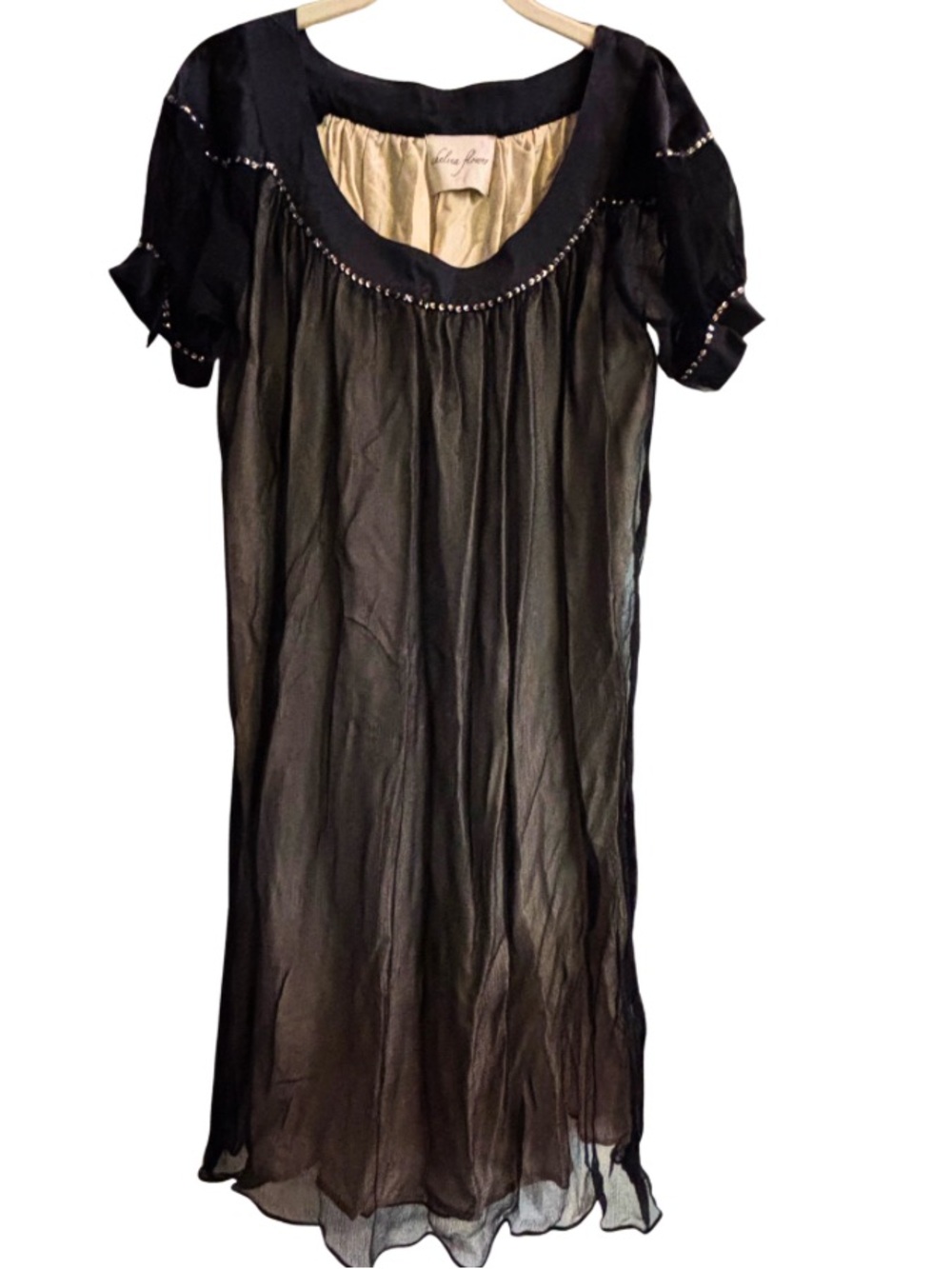 Y2K Black Short Puff Sleeve Midi Dress with Scoop Neck and silver sequin detail